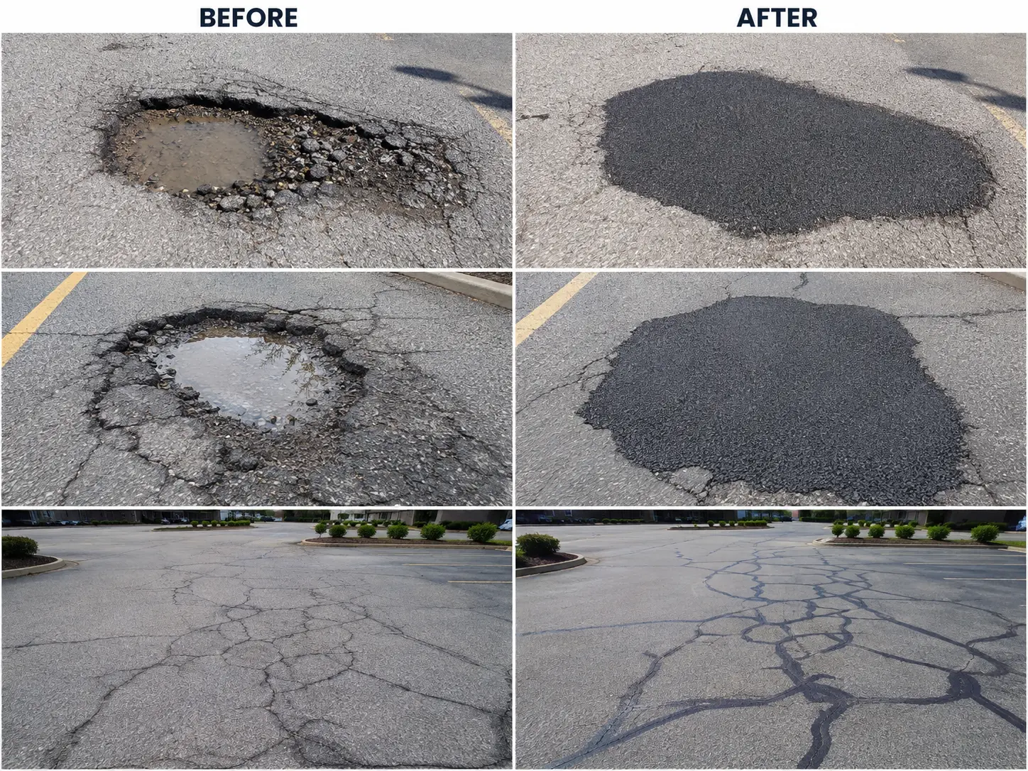 Before and after photos showing pothole repair and crack sealing in a commercial parking lot