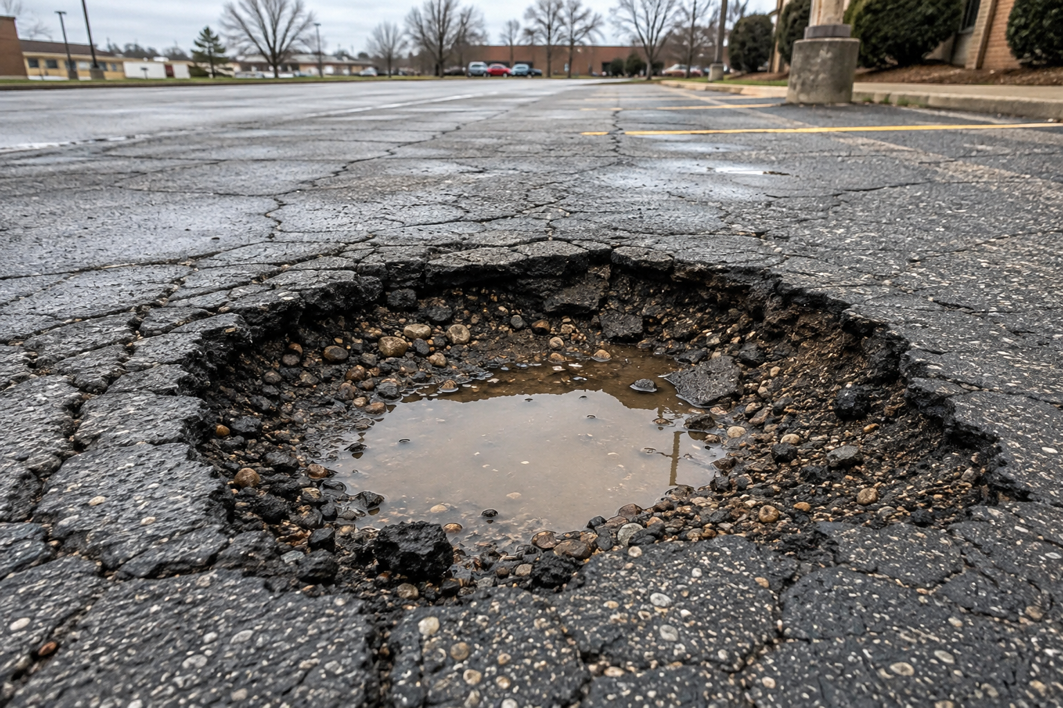 Close-up of a large pothole filled with water in a cracked commercial parking lot