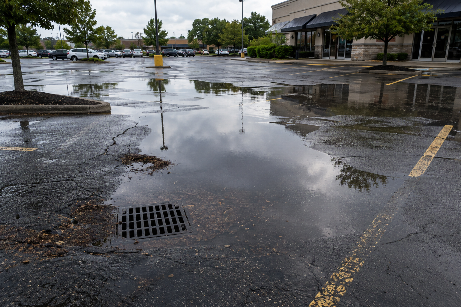 Standing water pooling in a commercial parking lot near a storm drain