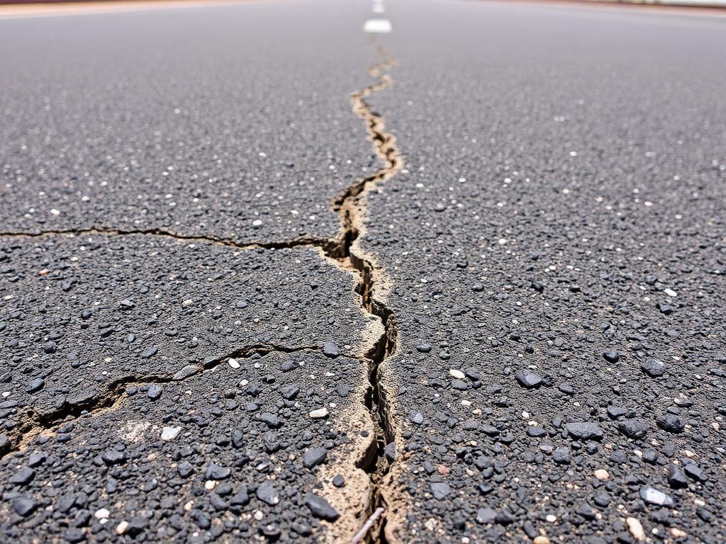 Close-up of hairline cracks in commercial asphalt pavement